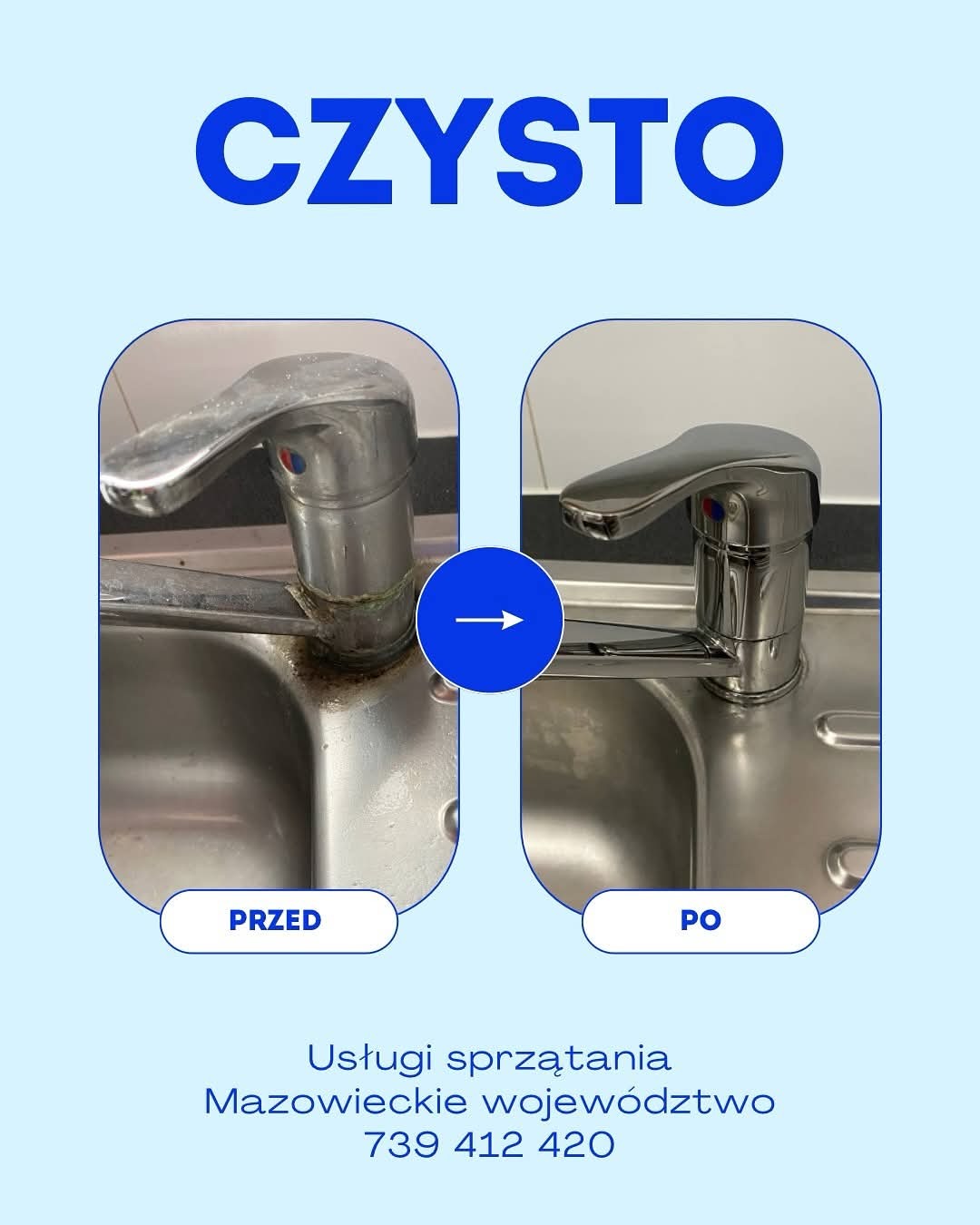 Kran kuchenny: porównanie stanu przed i po czyszczeniu. Usunięty osad i brud, powierzchnia lśniąca. Efekt sprzątania w Mazowieckim. Kontakt telefoniczny widoczny.