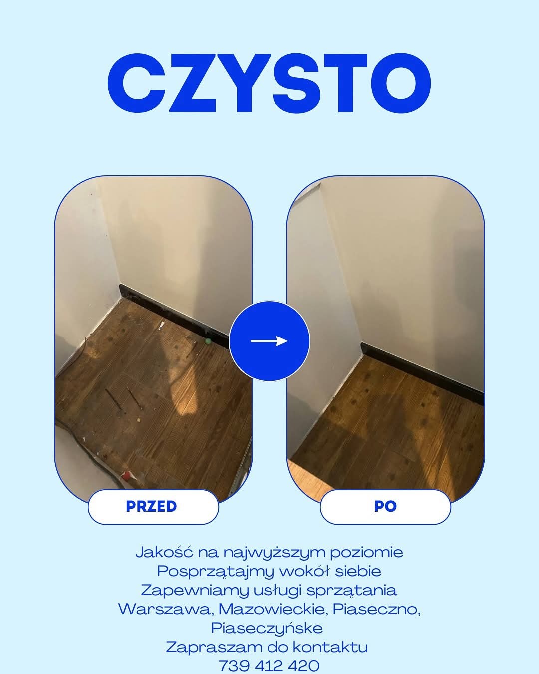 Efekt sprzątania: porównanie stanu podłogi i ściany przed i po usłudze. Widoczne różnice w czystości, ujęcie z perspektywy narożnika pomieszczenia.
