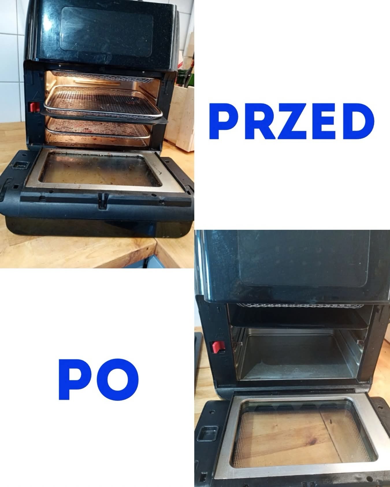 Frytkownica beztłuszczowa przed i po czyszczeniu. Widoczne zabrudzone wnętrze urządzenia oraz czyste po umyciu. Efekt czyszczenia z podziałem na przed i po.