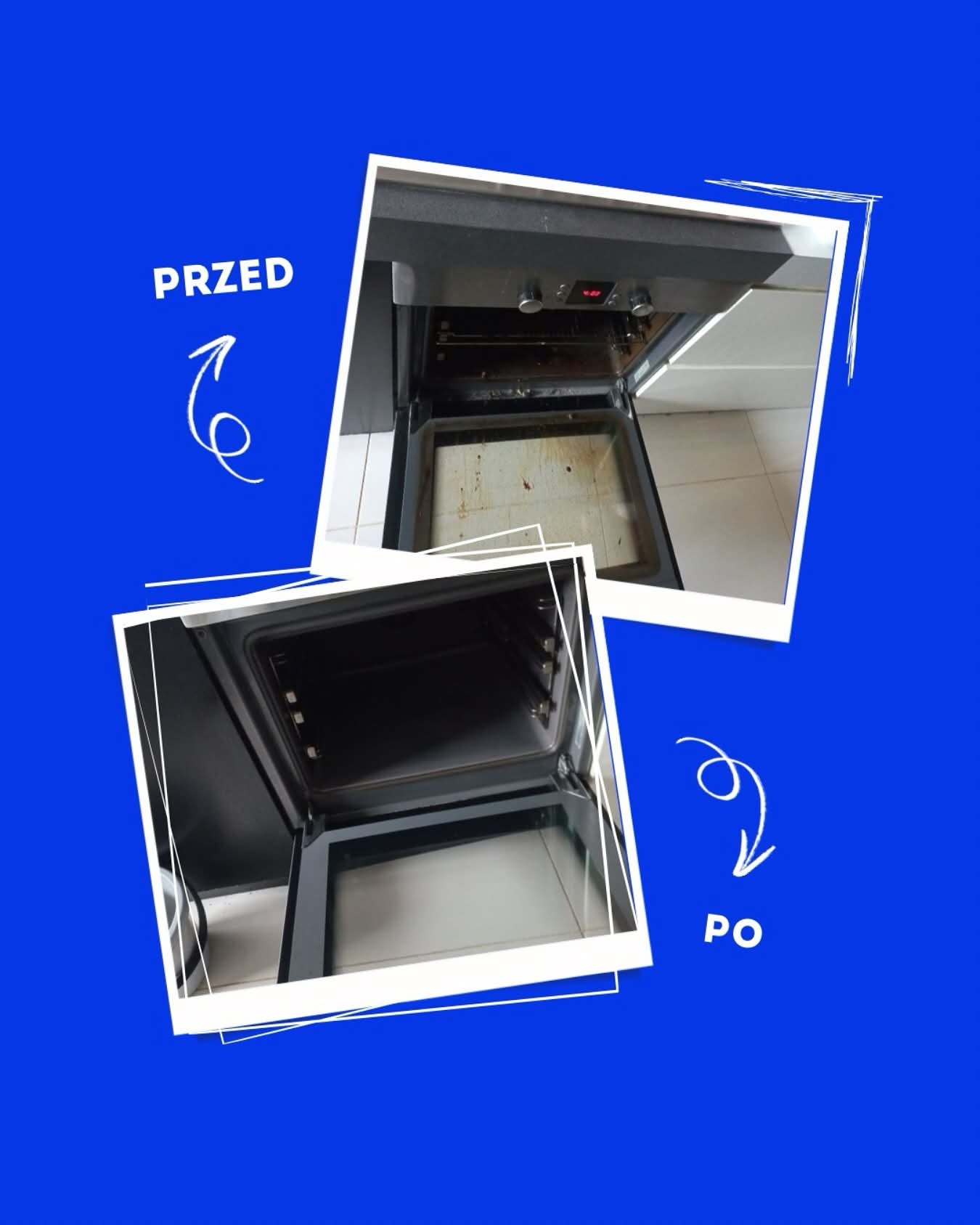 Piekarnik przed i po czyszczeniu w Piasecznie. Zdjęcie 'przed' ukazuje zabrudzone wnętrze, a 'po' - czysty, lśniący piekarnik. Efekt sprzątania.