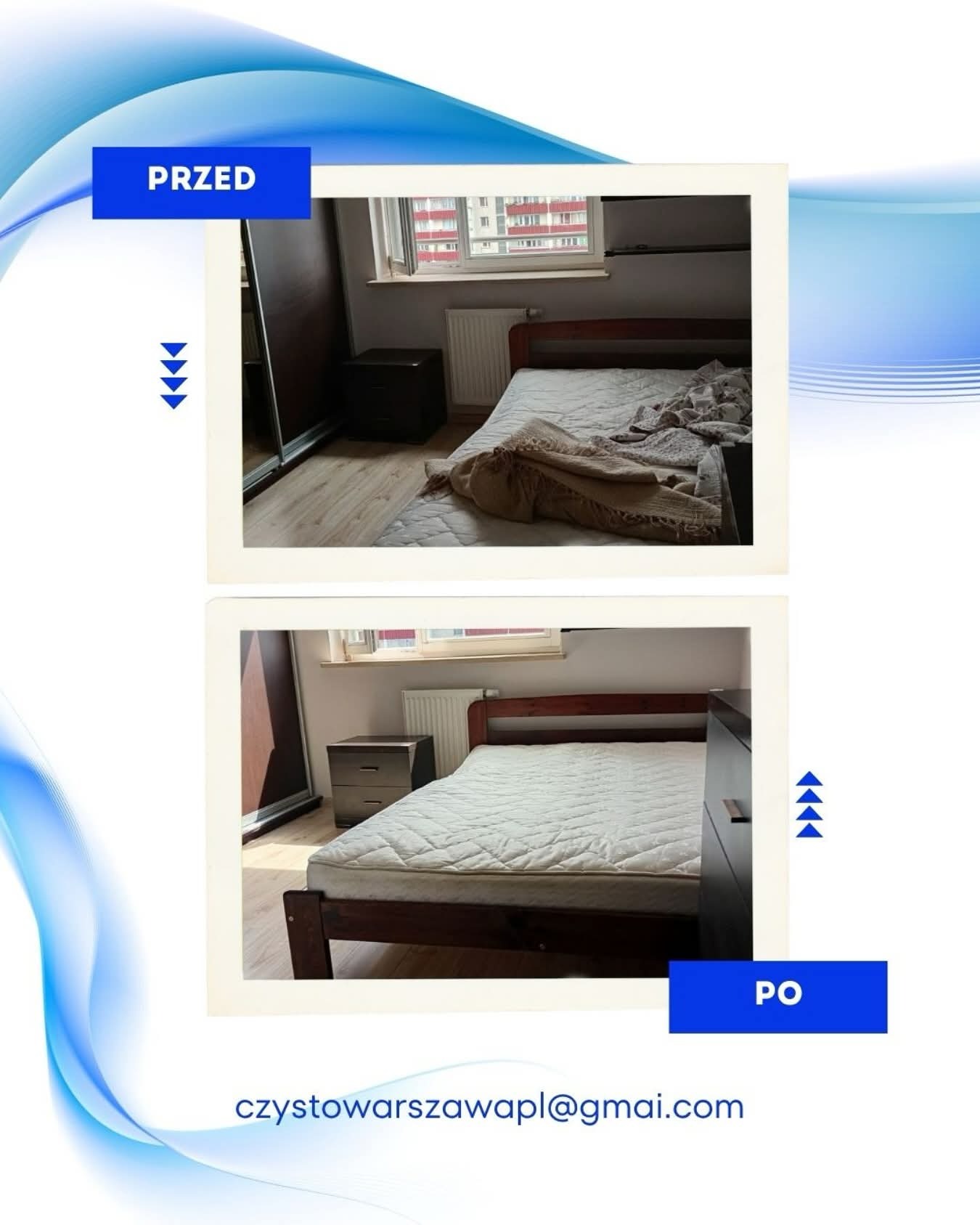 Zdjęcie 'przed i po' przedstawia sypialnię z łóżkiem. Na górnym zdjęciu łóżko jest niepościelone, a na dolnym pościelone. Widoczne okno, szafka nocna i szafa.