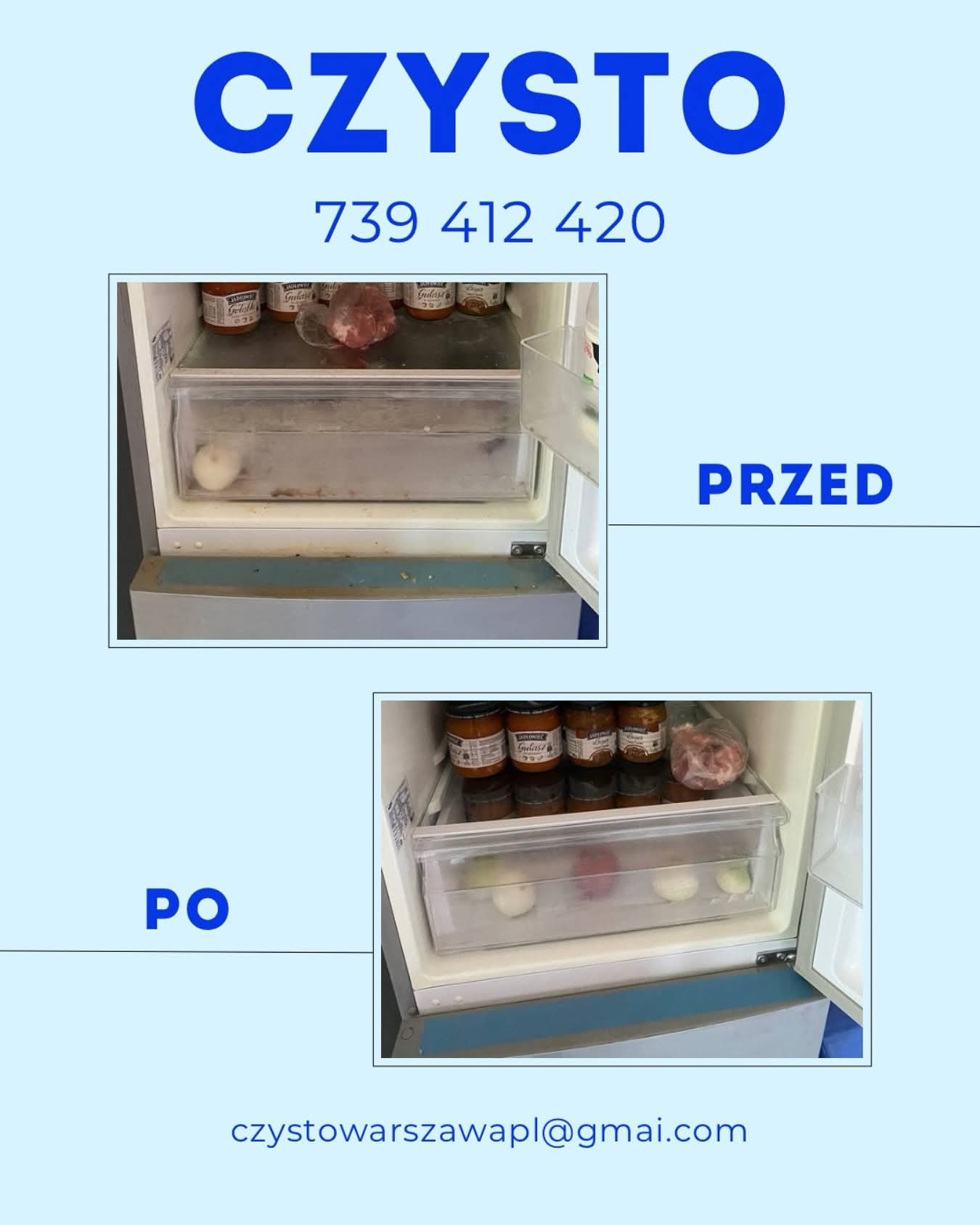 Zdjęcie lodówki 'przed' zanieczyszczeniami i 'po' czyszczeniu, z widocznymi słoikami i warzywami. Prezentacja efektu sprzątania z kontaktem do firmy.