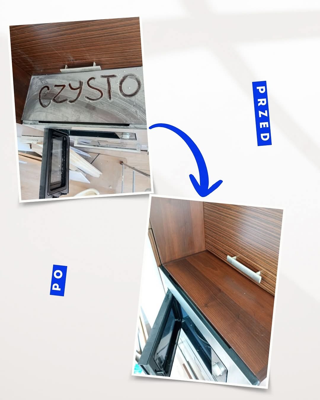 Zdjęcie 'przed i po' czyszczenia zabudowy kuchennej z piekarnikiem. Na pierwszym ujęciu napis 'CZYSTO' z kurzu, na drugim czysta powierzchnia.