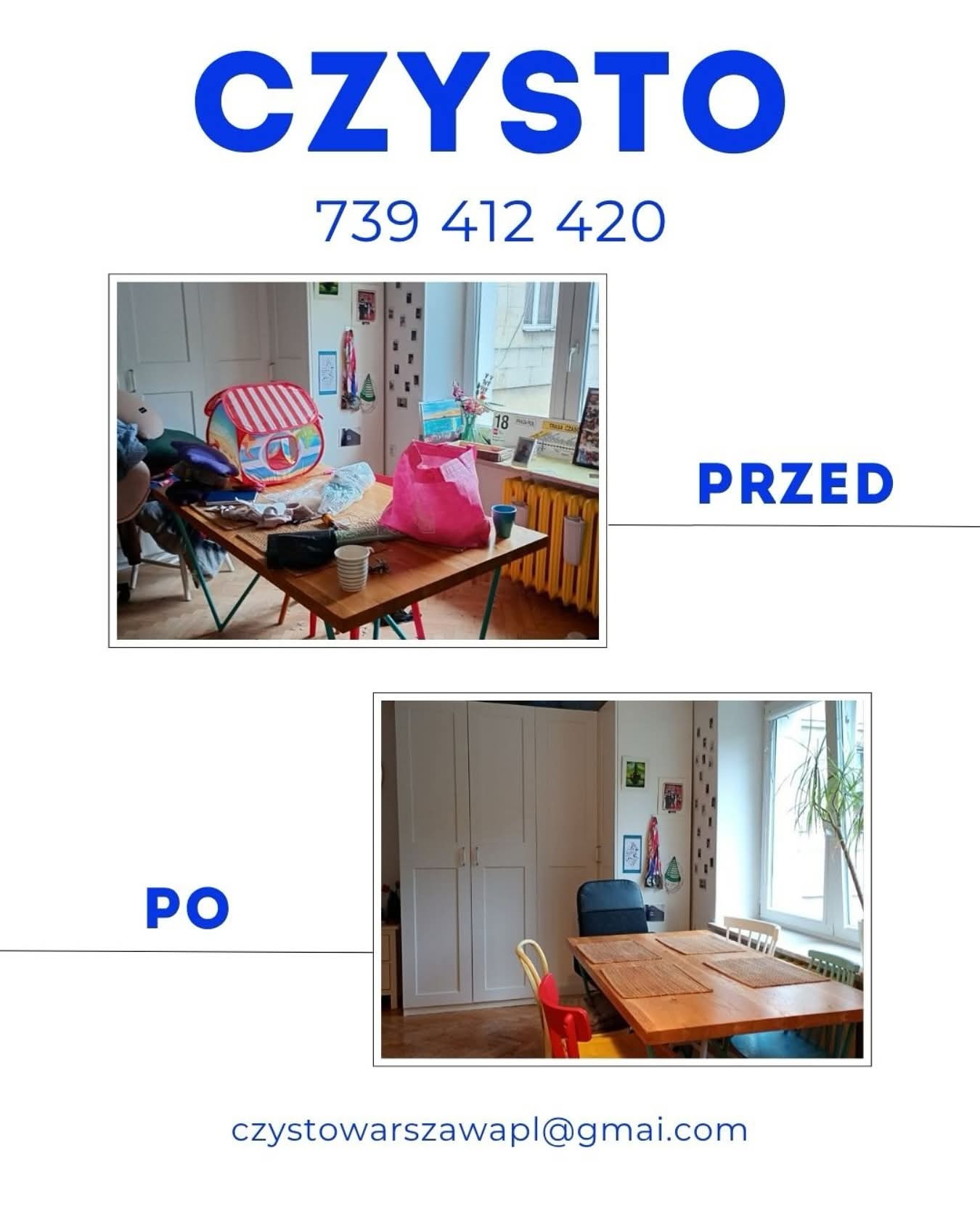 Zdjęcie 'przed i po' sprzątania pokoju: zagracony stół zabawek i ubrań, a następnie wysprzątany stół z czterema podkładkami i uporządkowane otoczenie.