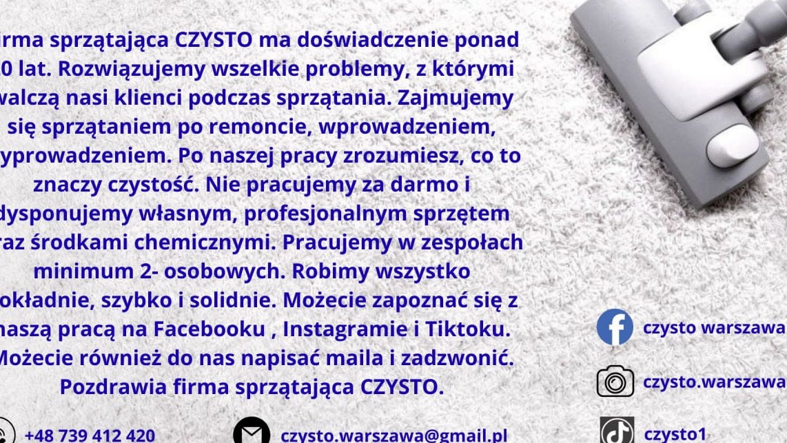 Tekst reklamowy firmy sprzątającej na tle dywanu z odkurzaczem. Widoczne logo Facebooka, Instagrama i TikToka oraz dane kontaktowe.