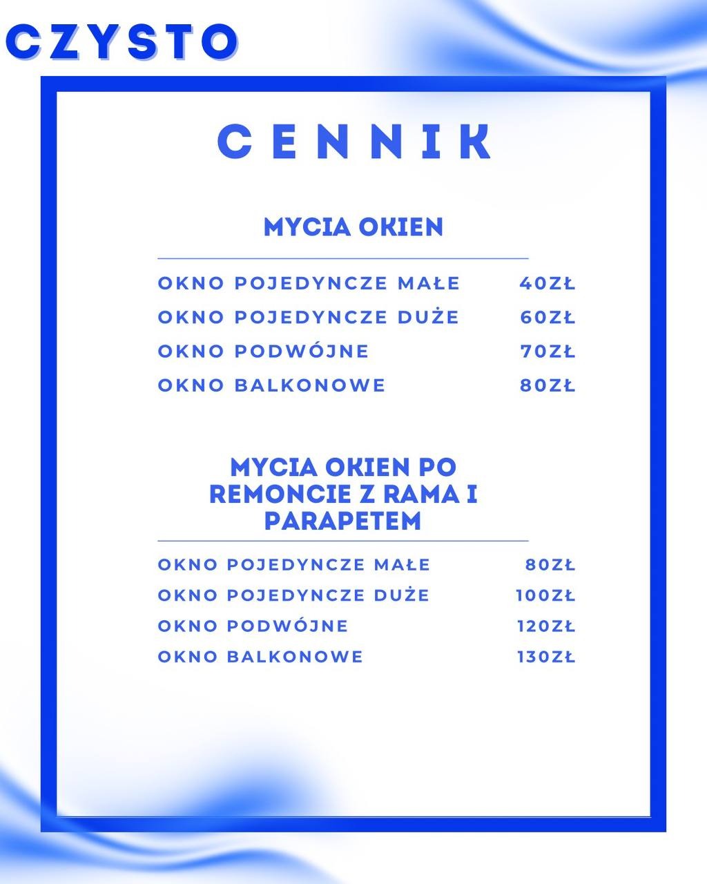 Cennik usług mycia okien, w tym okien po remoncie z ramą i parapetem. Wykaz cen za okna pojedyncze, podwójne i balkonowe, w kolorystyce niebiesko-białej.