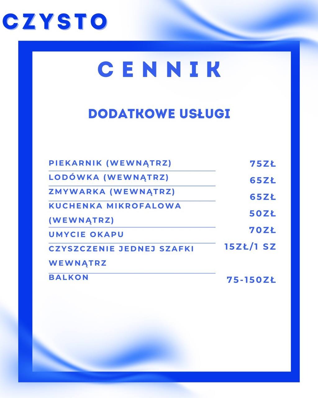 Cennik dodatkowych usług sprzątania: piekarnik, lodówka, zmywarka, mikrofalówka, okap, szafki i balkon. Wszystko w estetycznej, błękitnej oprawie.