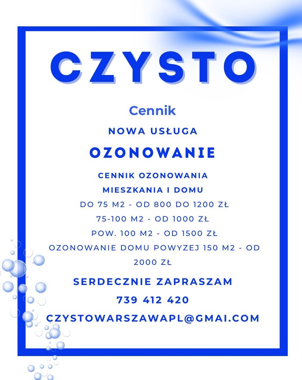 Cennik ozonowania w Piasecznie. Nowa usługa: ozonowanie mieszkań i domów o różnej powierzchni. Kontakt: 739 412 420, czystowarszawapl@gmai.com.