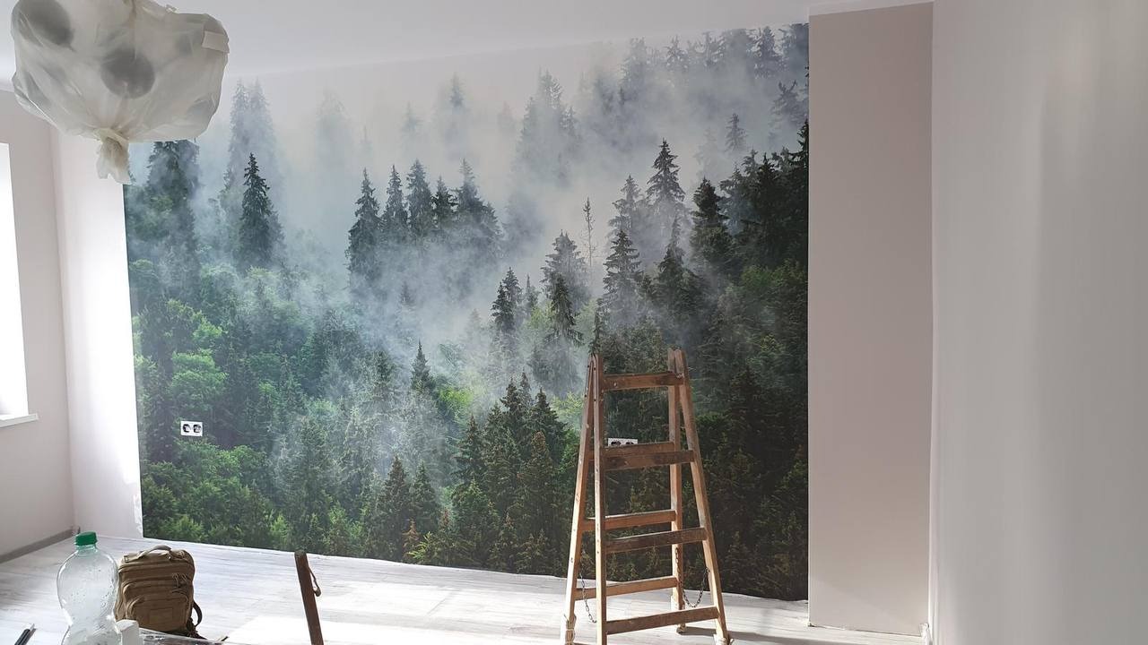 Fototapeta z motywem mglistego lasu na ścianie pokoju, drabina malarska, butelka z wodą i plecak na podłodze. Wykończone wnętrze po remoncie.