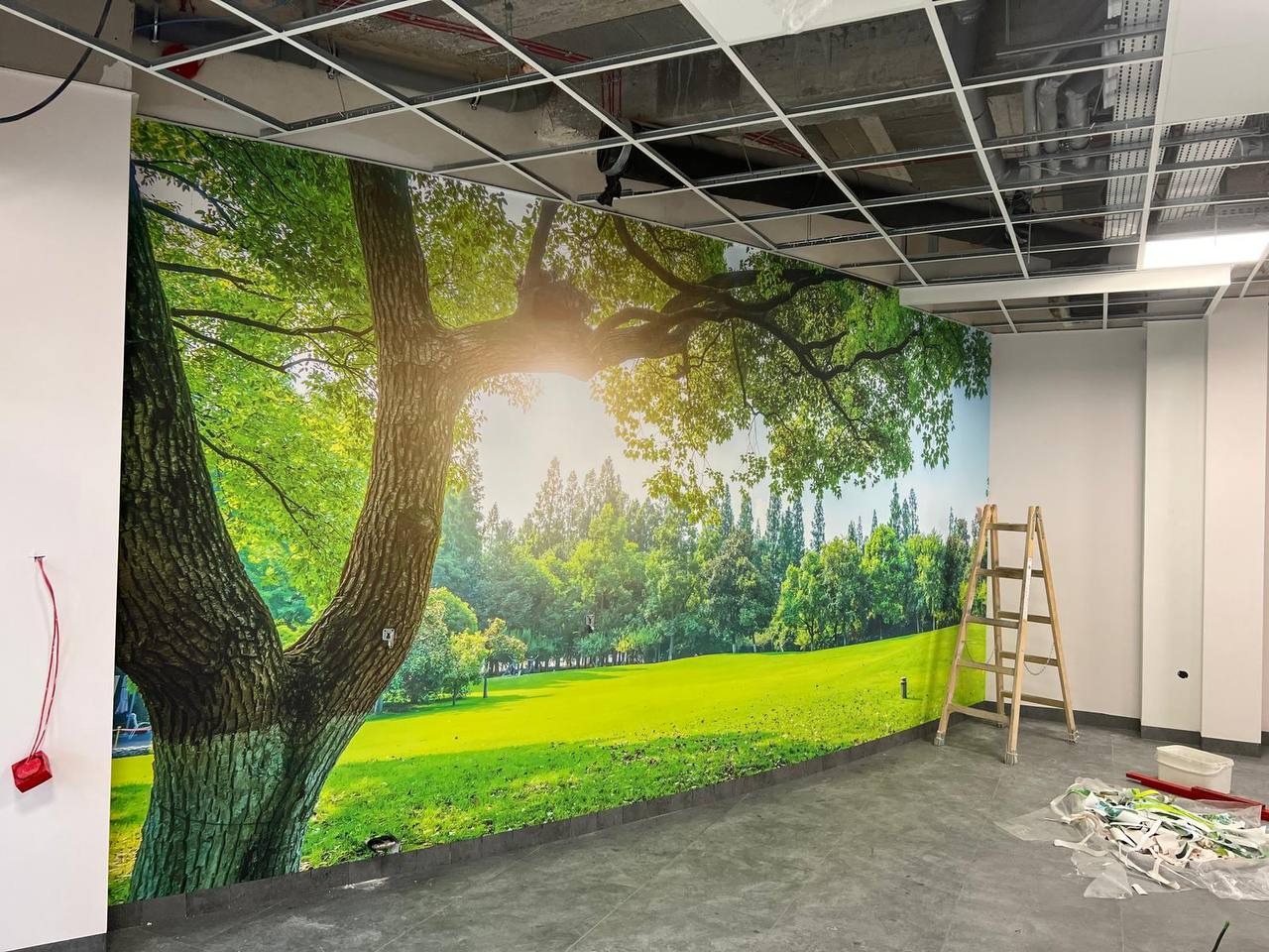 Fototapeta z motywem drzewa i krajobrazu, zamontowana na ścianie. Widoczna drabina i akcesoria. Realizacja w Gdańsku.