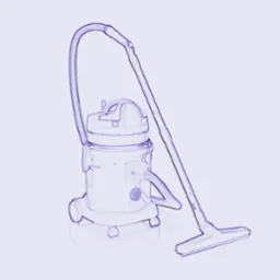 Ilustracja odkurzacza piorącego z przezroczystym zbiornikiem, widoczne kółka i wąż, na jasnym tle. Grafika przypomina szkic techniczny.