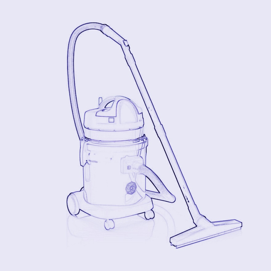 Ilustracja odkurzacza piorącego z przezroczystym zbiornikiem, widoczne kółka i wąż, na jasnym tle. Grafika przypomina szkic techniczny.