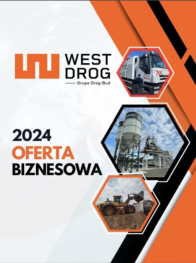Oferta biznesowa 2024 West Drog-Bud: ciężarówka, silosy i ładowarka na tle pomarańczowo-białej grafiki.