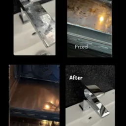 Kafelkowy kolaż 'przed i po': brudny kran vs. lśniący kran, zabrudzony piekarnik vs. czysty piekarnik. Czyszczenie piekarnika i armatury w łazience.