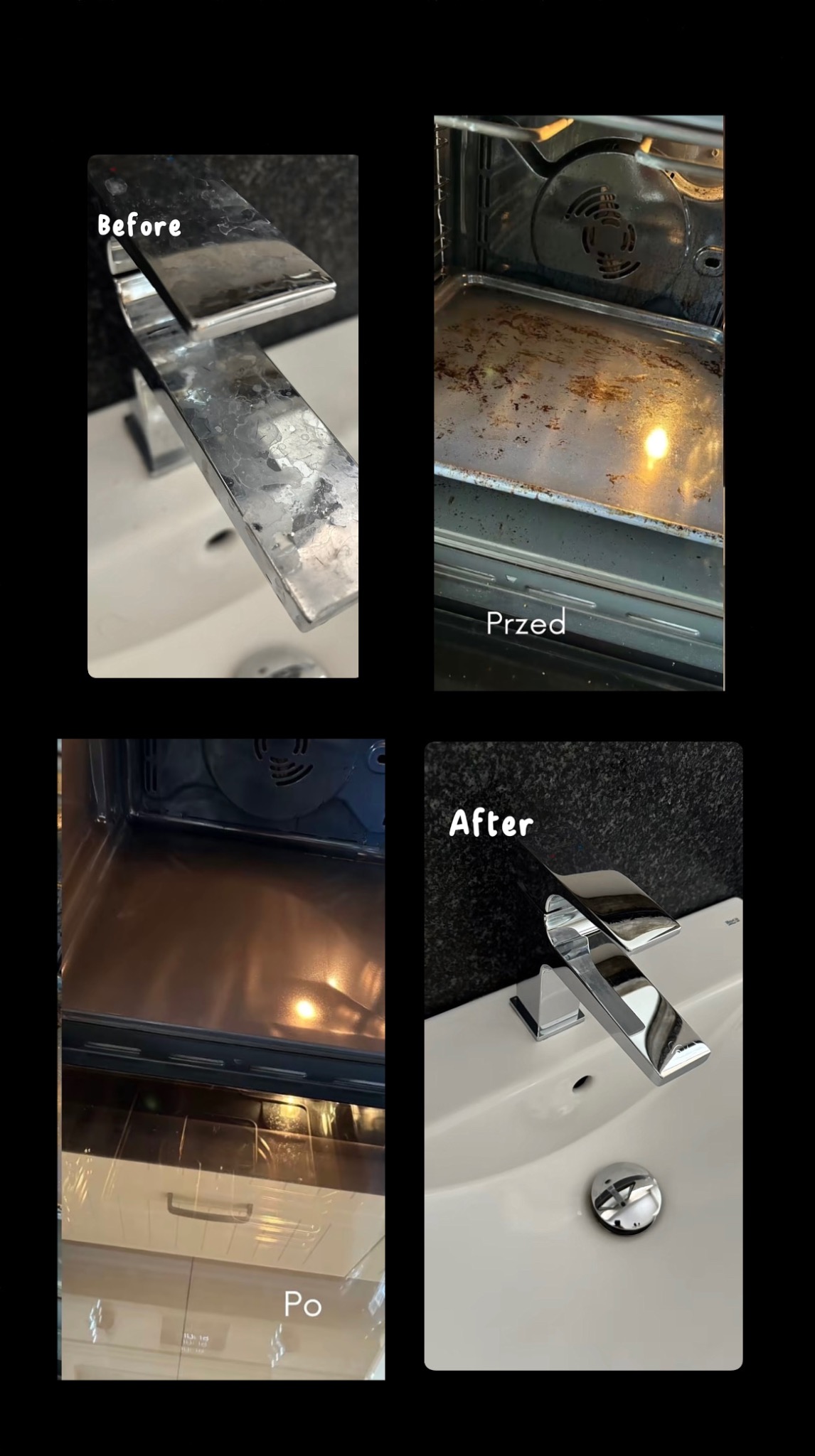 Kafelkowy kolaż 'przed i po': brudny kran vs. lśniący kran, zabrudzony piekarnik vs. czysty piekarnik. Czyszczenie piekarnika i armatury w łazience.