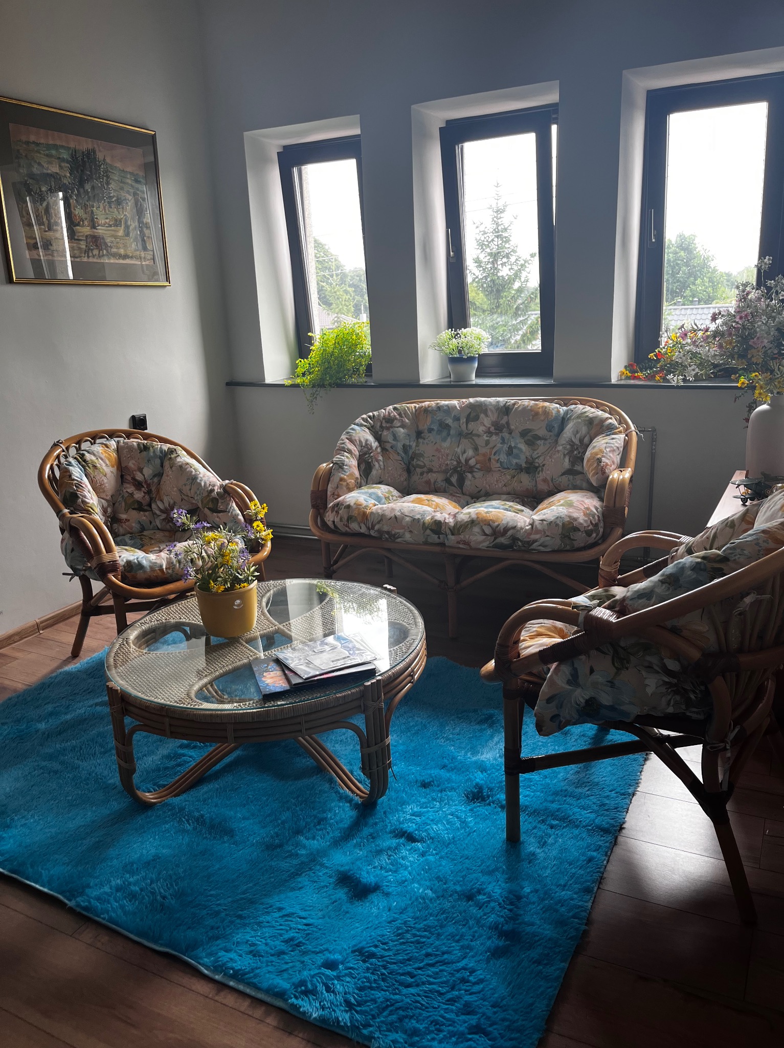 Przytulny gabinet z rattanowymi meblami w kwiatowe wzory, okrągłym stolikiem kawowym i błękitnym dywanem. W tle trzy okna z widokiem na zieleń.