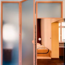 ścianka z drzwiami do łazienki. Ramki z profili stalowych lakierowanych proszkowo. Szkło hartowane z efektem 'mrożenia'.