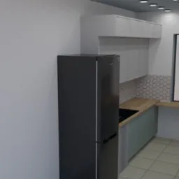 Wizualizacja nowoczesnej kuchni z szarymi szafkami, drewnianym blatem, czarną lodówką i heksagonalnymi płytkami na ścianie. Ujęcie z perspektywy.