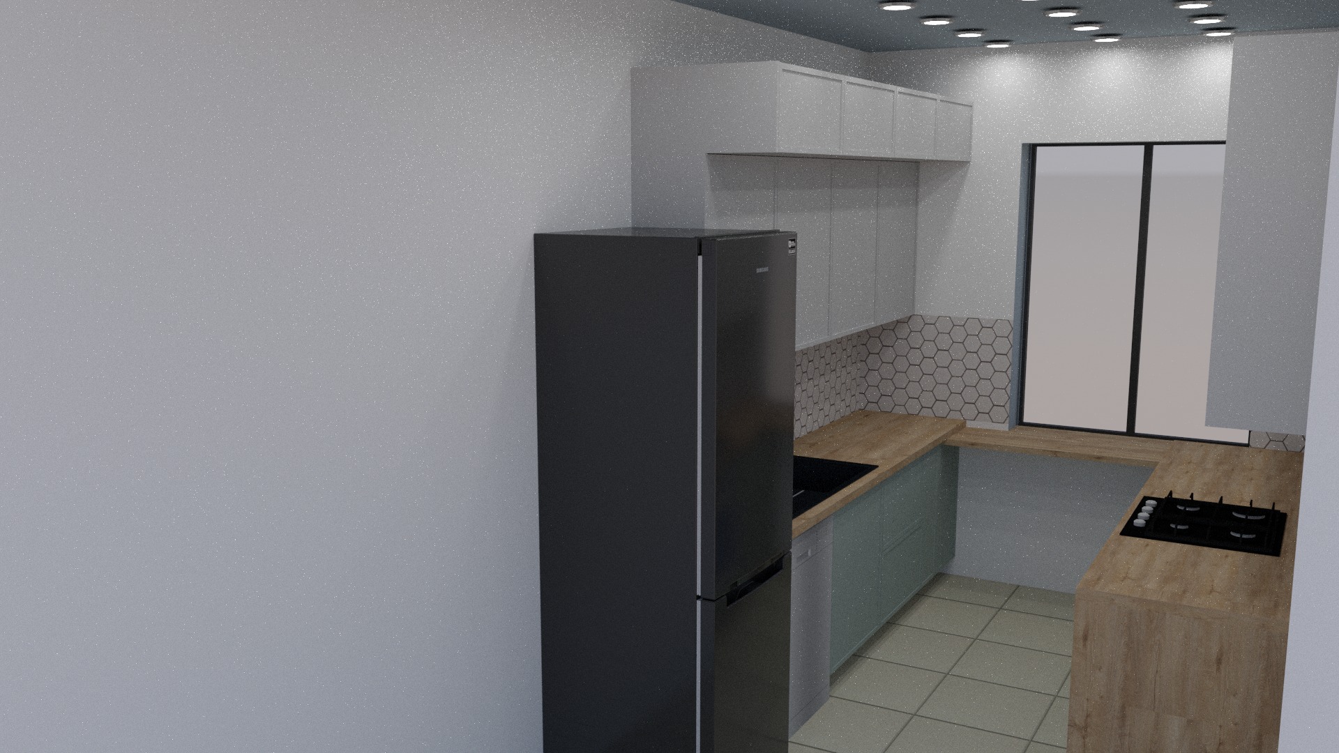 Wizualizacja nowoczesnej kuchni z szarymi szafkami, drewnianym blatem, czarną lodówką i heksagonalnymi płytkami na ścianie. Ujęcie z perspektywy.