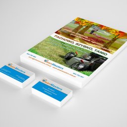 Artiworks Wiesław Małolepszy - Stos ulotek i wizytówek firmy CleanMasters z ofertą usług: grabienie, koszenie trawników, porządkowanie ogrodów i nagrobków. Widok z góry, na jasnym tle.