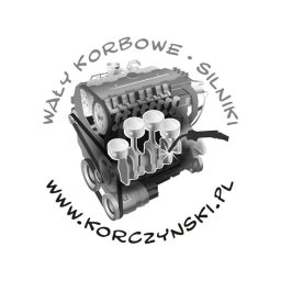Artiworks Wiesław Małolepszy - Czarno-biała grafika silnika z tłokami, otoczona tekstem 'Wały korbowe silniki' i adresem strony www.korczynski.pl, prezentowana pod kątem.