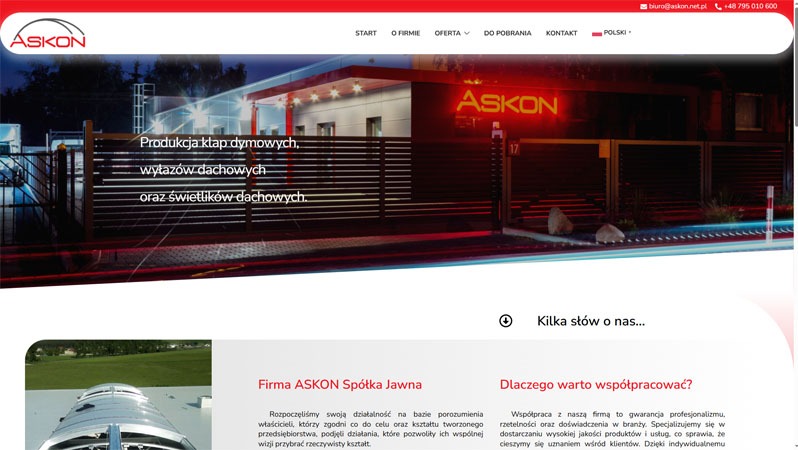Strona internetowa firmy ASKON prezentująca produkcję klap dymowych, wyłazów i świetlików dachowych. Widoczny budynek firmy i logo ASKON.