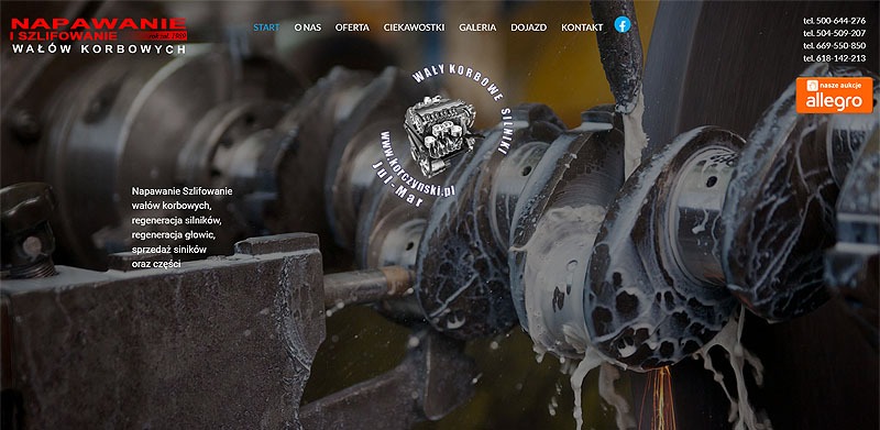 Strona internetowa firmy zajmującej się napawaniem i szlifowaniem wałów korbowych. Na pierwszym planie wał korbowy w trakcie obróbki.
