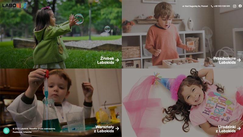 Mozaika zdjęć: dziewczynka łapie bańki, chłopiec bawi się zabawkami, chłopiec w fartuchu robi eksperyment, dziewczynka w czapce urodzinowej uśmiecha się leżąc.