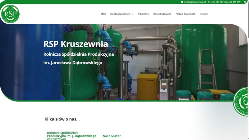 Strona internetowa RSP Kruszwenia z widocznymi elementami instalacji wodociągowej. Projekt graficzny strony wykonany w Poznaniu.