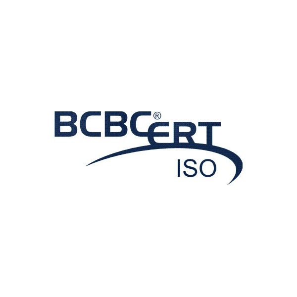 Logo BCBCERT ISO w odcieniach niebieskiego na białym tle. Certyfikat jakości i zgodności z normami ISO. Minimalistyczny design.