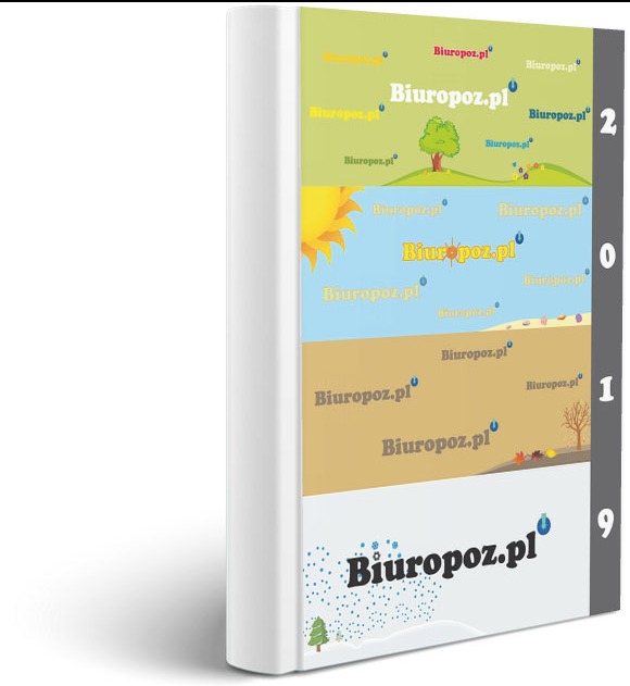 Ilustracja okładki kalendarza firmowego z motywami pór roku i logo 'Biuropoz.pl', prezentująca graficzny styl i koncepcję wizualną.