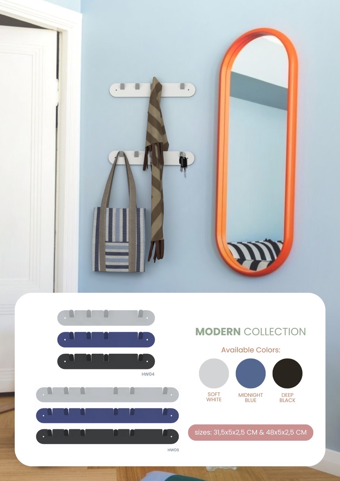Wnętrze z lustrem w pomarańczowej ramie, wieszakami na ścianie, torbą i parasolem. Grafika prezentuje kolekcję w różnych kolorach i rozmiarach.