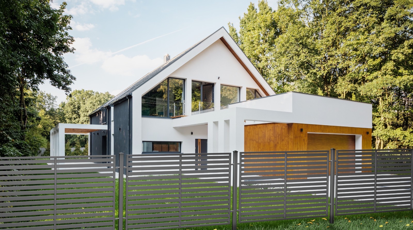 Nowoczesne ogrodzenie panelowe w kolorze grafitowym, z poziomymi szczeblami, na tle domu z białymi ścianami i drewnianym garażem. Minimalistyczny design.