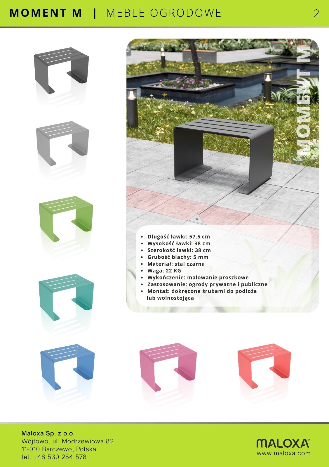 Ławka parkowa ze stali czarnej malowanej proszkowo, z listą parametrów i wizualizacją w różnych kolorach. Montaż na śruby lub wolnostojąca. Do ogrodów prywatnych i publicznych.