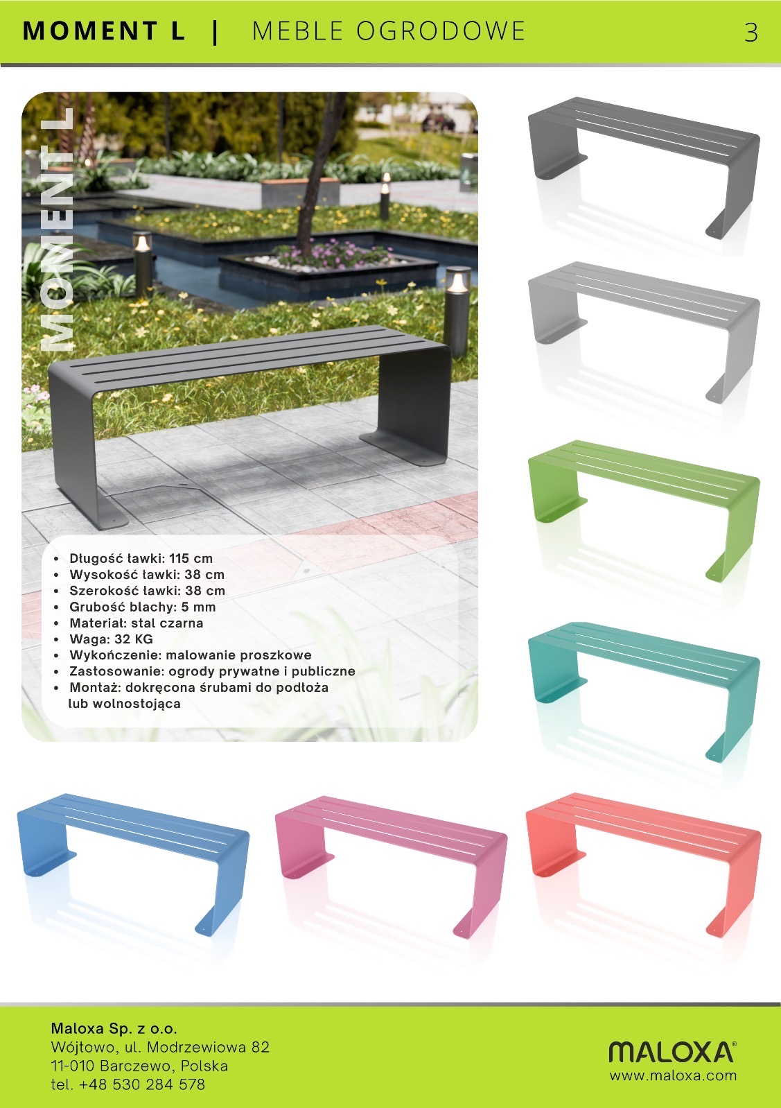 Metalowa ławka parkowa w szarym kolorze na tle zieleni. Na grafice prezentowane są również inne warianty kolorystyczne ławki: zielony, turkusowy, różowy i szary.