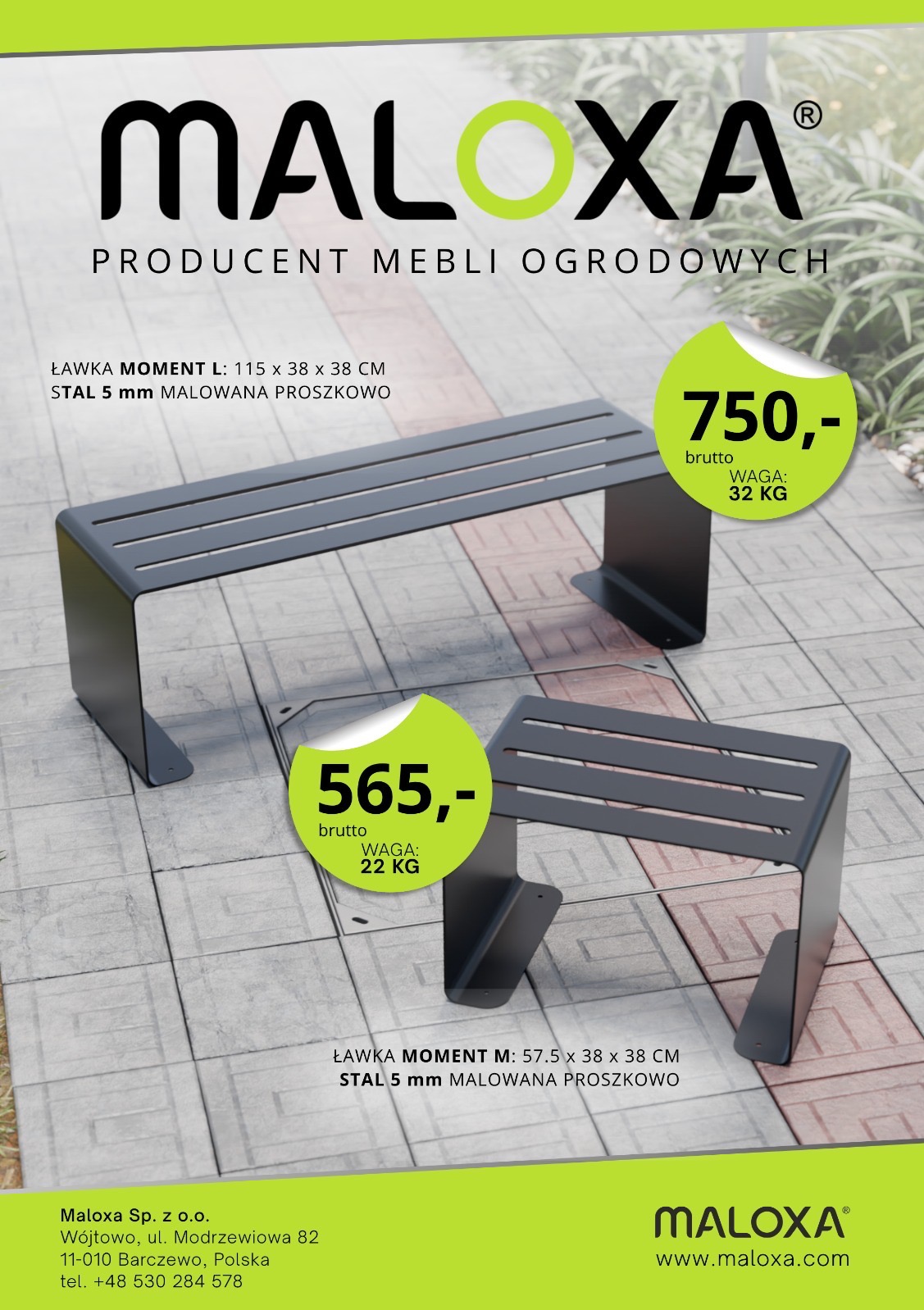 Ławki ogrodowe Maloxa Moment L i M z cenami i wagą. Stal 5mm, malowane proszkowo. Prezentacja produktu na tle chodnika i zieleni.