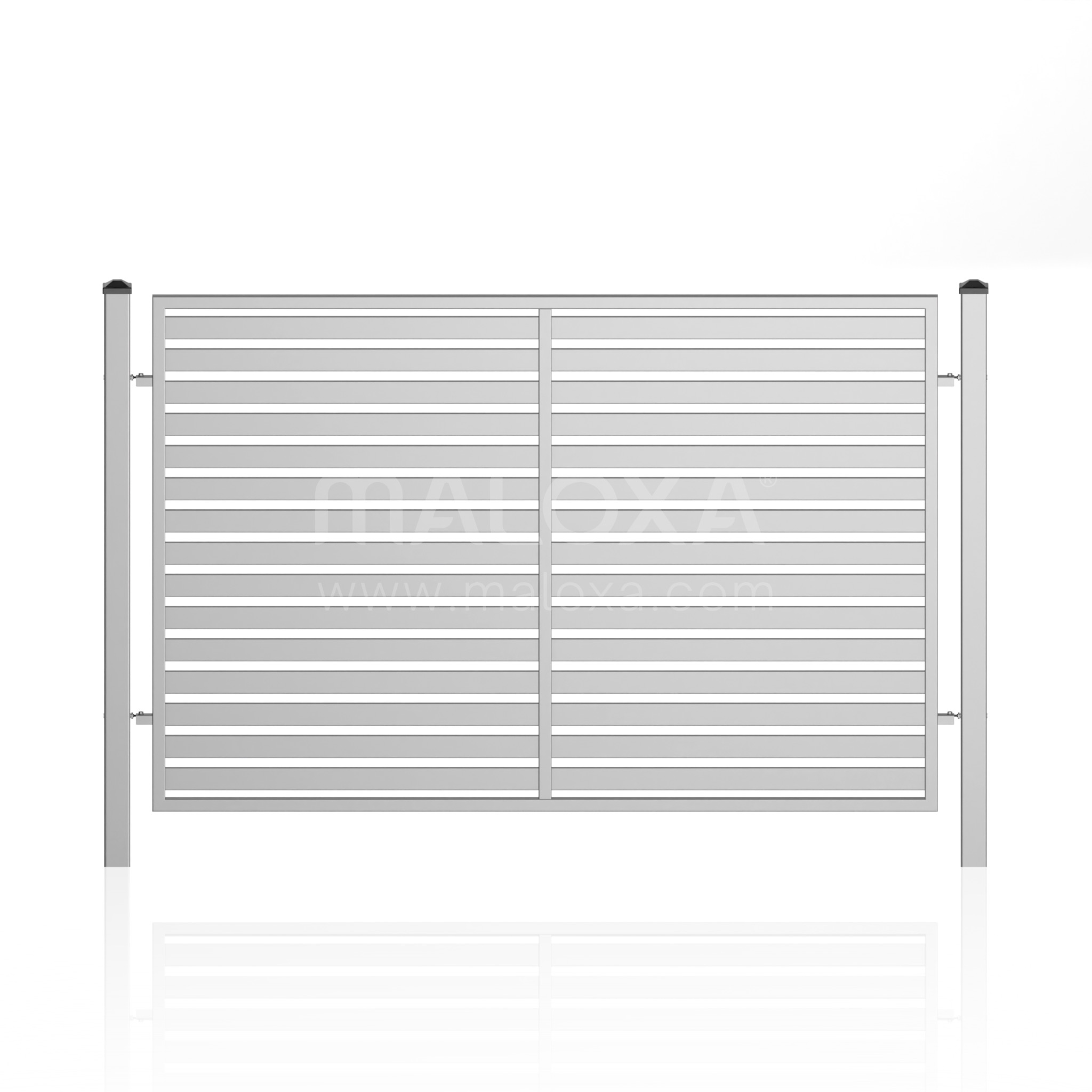 Nowoczesna, pozioma brama wjazdowa z profili, w kolorze szarym, na białym tle z delikatnym odbiciem. Minimalistyczny design.