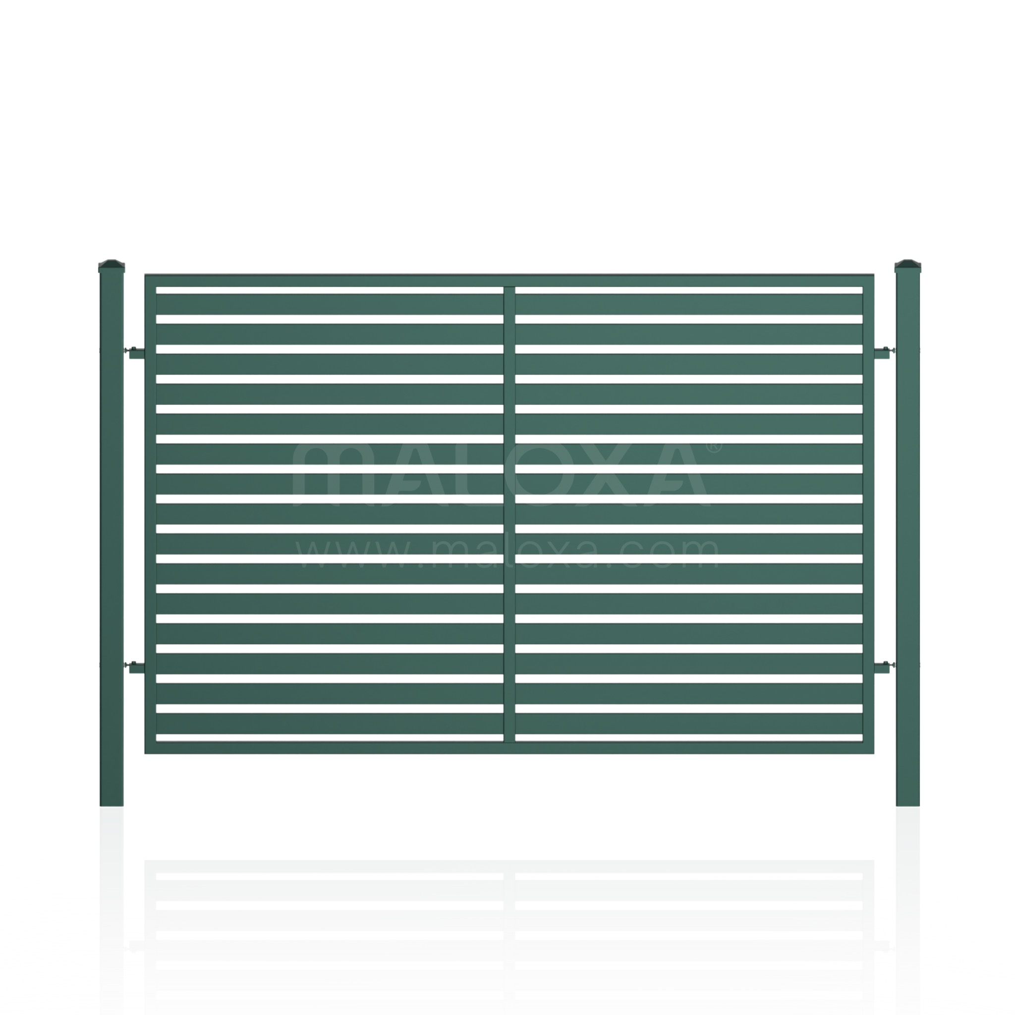 Zielona, pozioma brama metalowa z regularnymi szczelinami, widok z przodu, symetryczny kadr, białe tło z delikatnym odbiciem. Nowoczesny design.