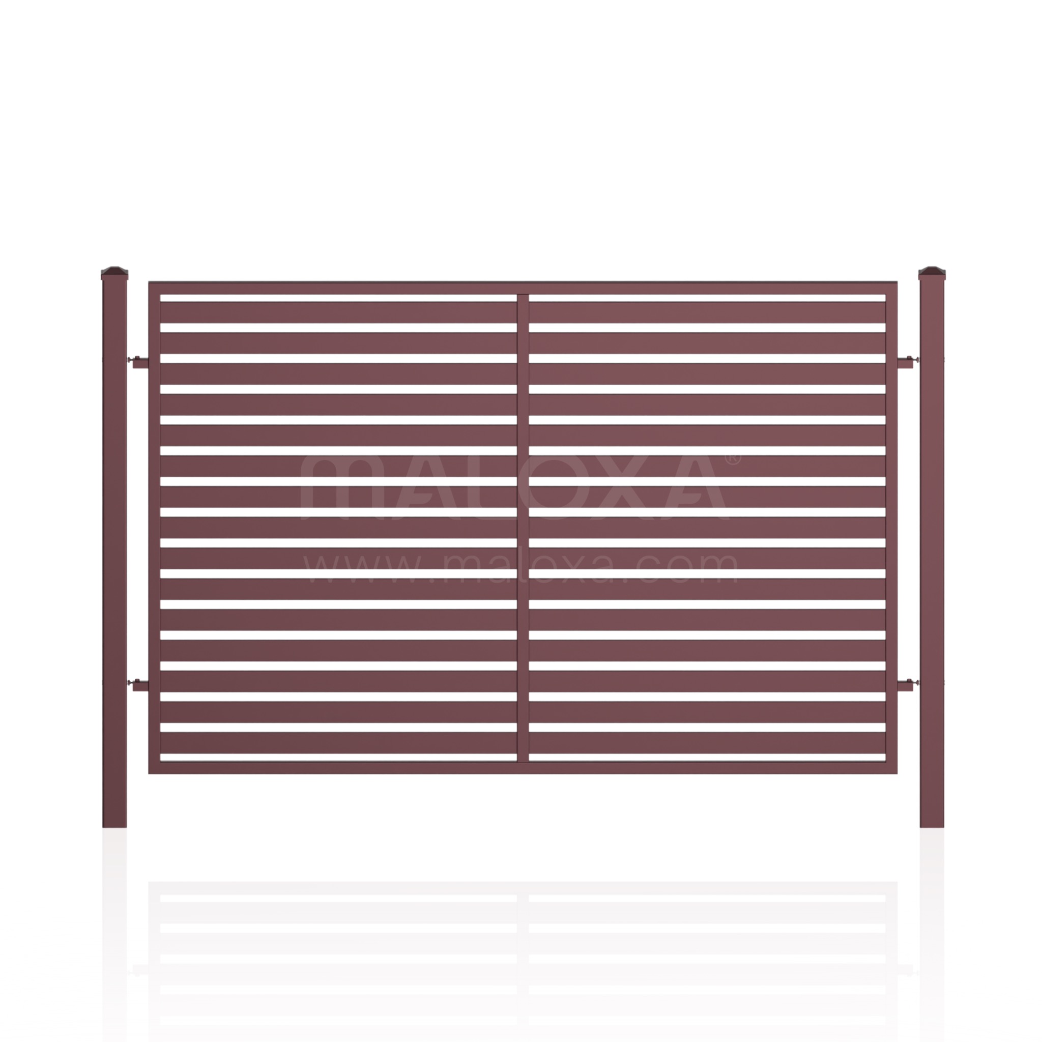 Nowoczesna brama posesyjna w kolorze burgundowym z poziomymi szczeblami, widok z przodu, minimalistyczny design, odbicie w dolnej części kadru.