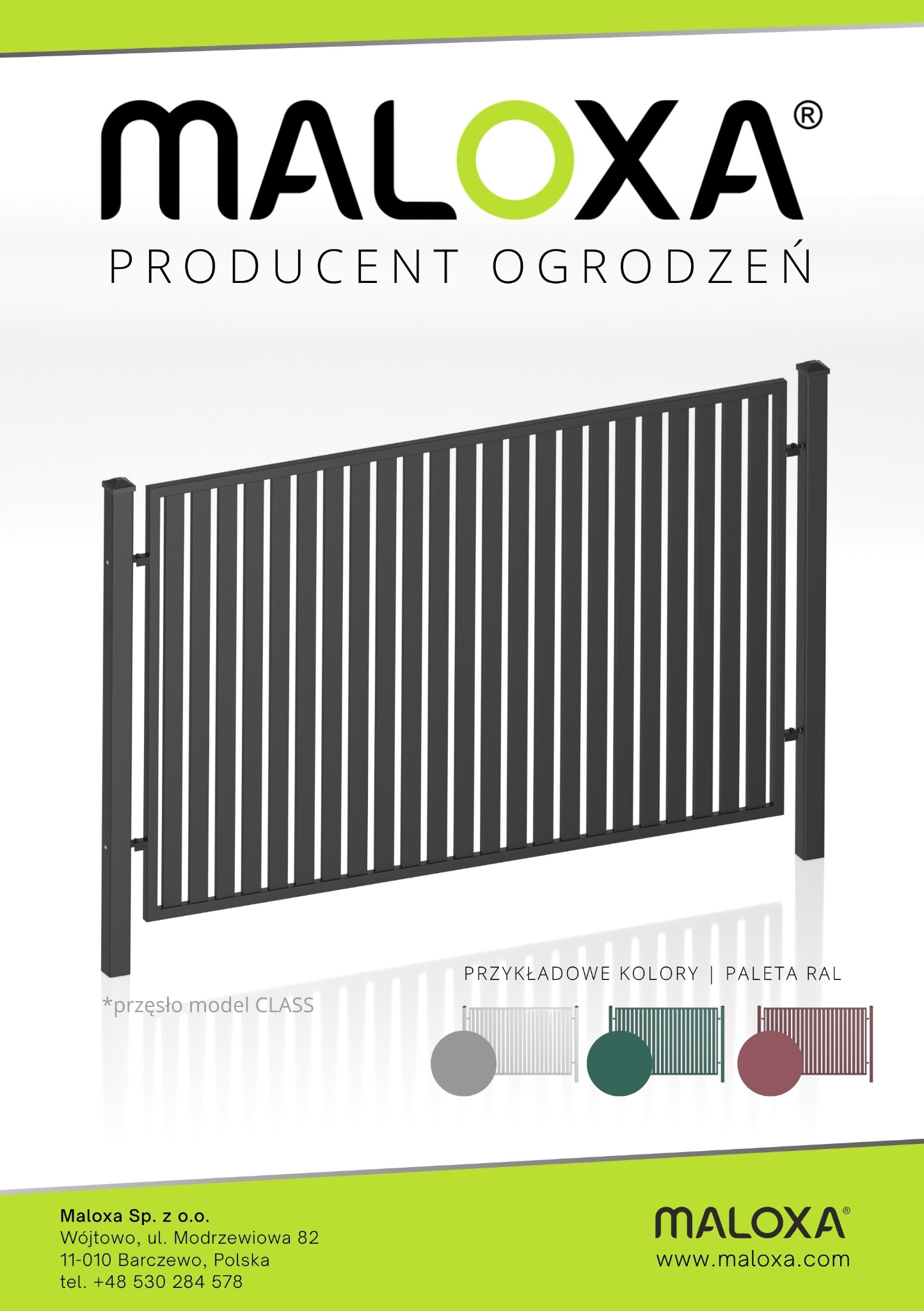 Przęsło ogrodzeniowe model CLASS w kolorze grafitowym, z paletą RAL w trzech wariantach kolorystycznych. Minimalistyczny design. Producent Maloxa.