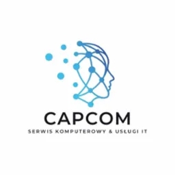 Logo firmy CAPCOM: stylizowany profil głowy połączony z siecią punktów, symbolizujący serwis komputerowy i usługi IT w błękitnej kolorystyce.