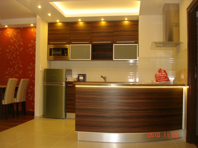 Nowoczesna kuchnia z ciemnymi, drewnianymi szafkami, oświetleniem LED pod blatem i zieloną lodówką. Czerwona ściana z motywem roślinnym w tle.