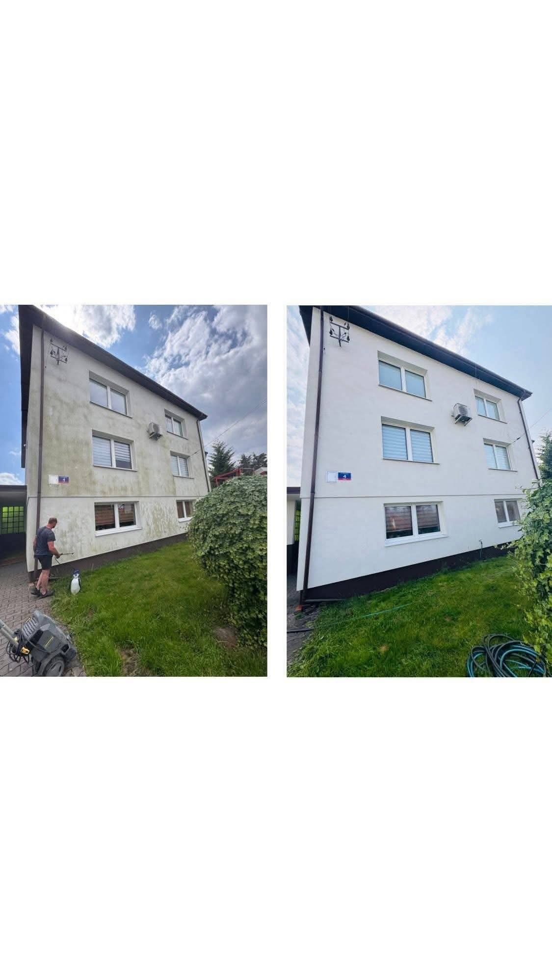 Efekt mycia elewacji budynku przed i po. Po lewej budynek zabrudzony, po prawej czysty. Widoczny pracownik z myjką ciśnieniową.