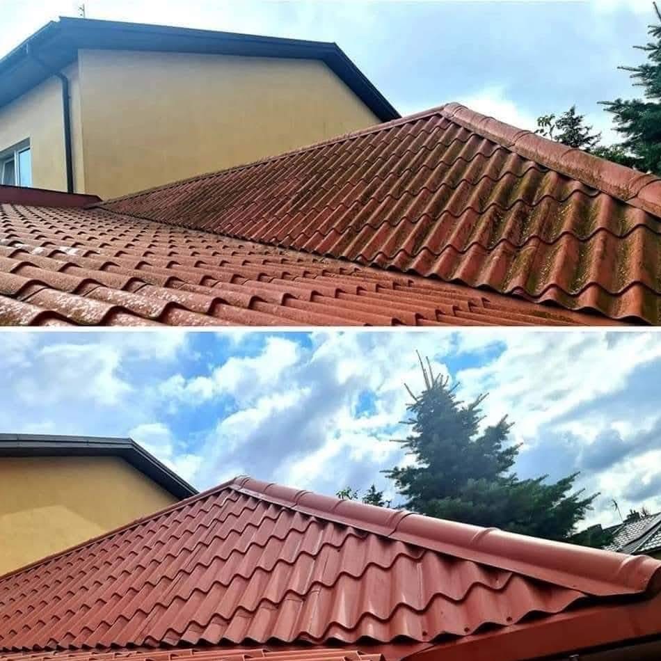 Efekt mycia dachu przed i po w Warszawie. Czerwona dachówka po czyszczeniu prezentuje się jak nowa. Porównanie ukazuje różnicę w detalu.