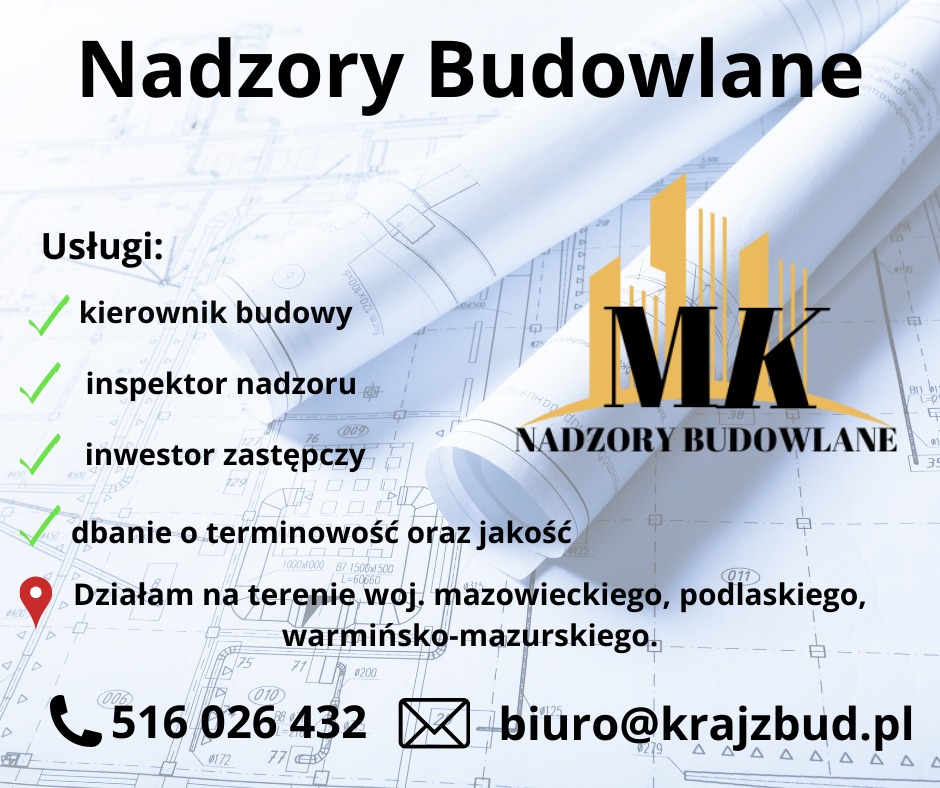 Nadzory Budowlane: zwinięte plany budowlane na tle schematów, logo MK, dane kontaktowe i lista usług z zaznaczonymi pozycjami: kierownik, inspektor, inwestor.