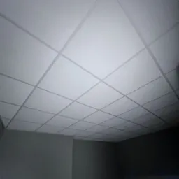 Kasetonowy sufit podwieszany w szarościach, widok z dołu, podkreślający regularny układ paneli i delikatne oświetlenie wnętrza.