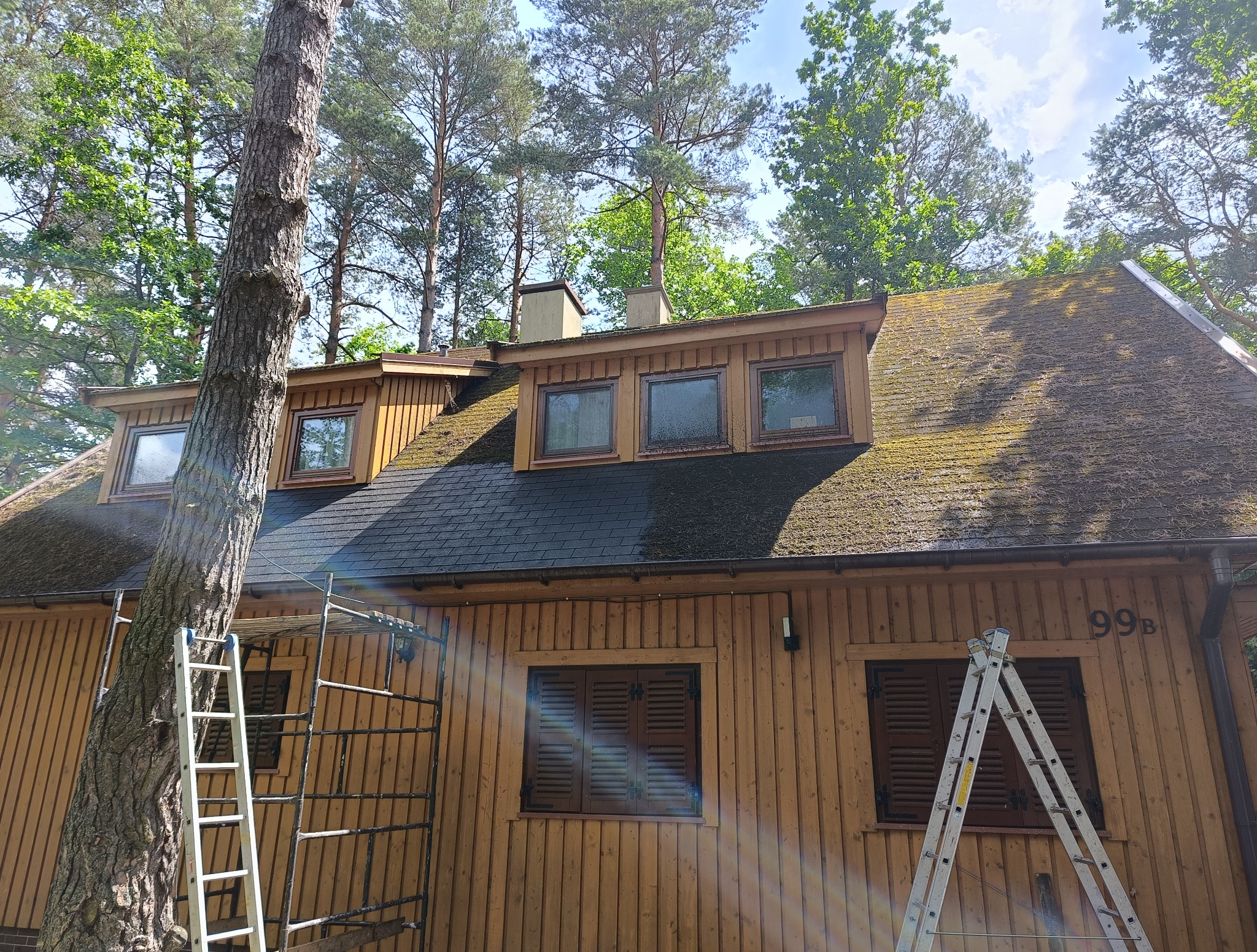 Dom z drewnianą elewacją przed czyszczeniem dachu z mchu, widoczne rusztowanie i drabiny. Numer domu 99b.