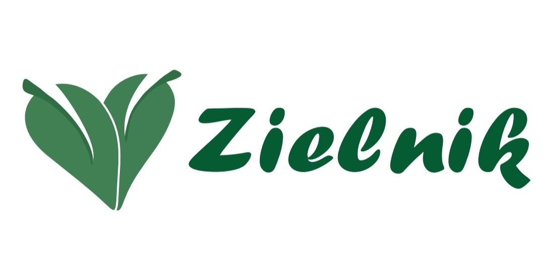 Logo 'Zielnik' z zielonym motywem liści w kształcie serca. Nazwa firmy napisana ozdobną czcionką w tym samym odcieniu zieleni, na białym tle.