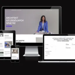 Responsywna strona internetowa architekta wnętrz na różnych urządzeniach: monitor, laptop, tablet i smartfon. Widoczny formularz kontaktowy i portfolio.