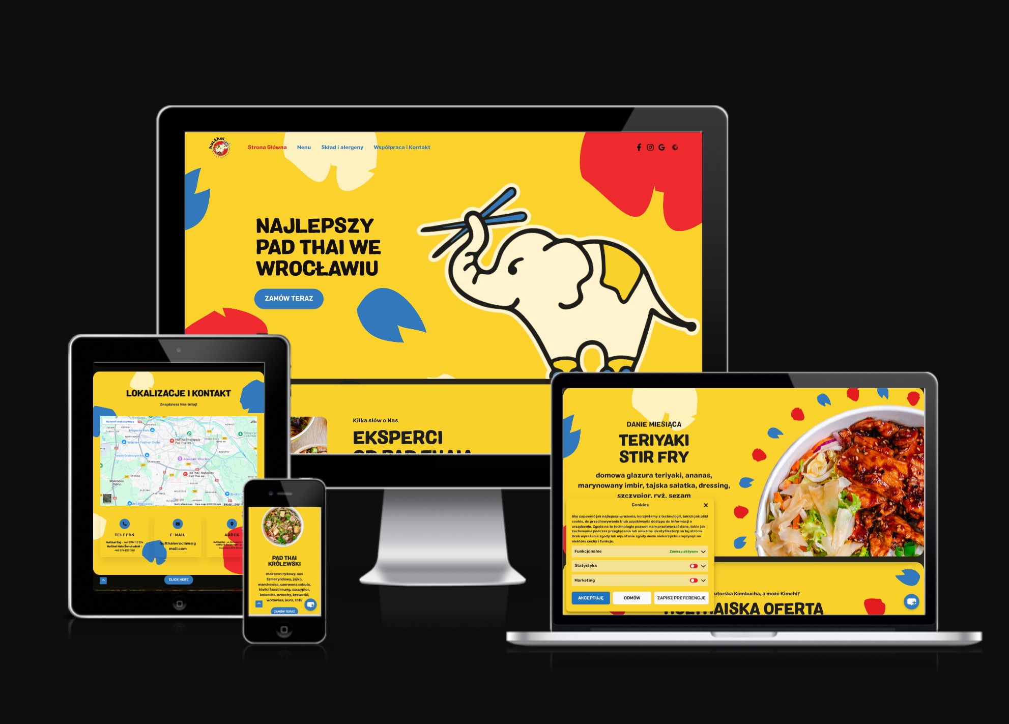 Żółta strona www z pad thai na laptopie, tablecie i smartfonie. Menu, mapa, lokalizacja i kontakt. Grafika słonia z pałeczkami. Wrocław, danie miesiąca teriyaki stir fry.